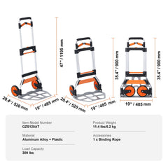 Folding Hand Truck, 140 kg Load Capacity, Aluminum Portable Cart, Convertible Hand Truck and Dolly with Telescoping Handle and PP+TPR Wheels, Ultra Lightweight Super Strong for Moving Warehouse