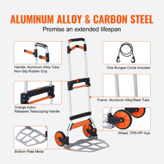 Folding Hand Truck, 140 kg Load Capacity, Aluminum Portable Cart, Convertible Hand Truck and Dolly with Telescoping Handle and PP+TPR Wheels, Ultra Lightweight Super Strong for Moving Warehouse