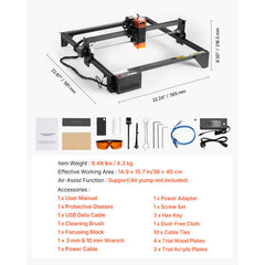 Laser Engraver, 10W Output, Laser Engraving Cutter Machine, 14.9 x 15.7 in/38 x 40 cm Working Area, 10000 mm/min Movement Speed, Compressed Spot with Eye Protection, for Wood, Certain Metal