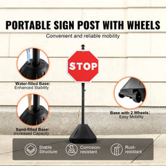 Portable Sign Post, 5 ft Cast Iron Sign Post Holder with Hard Plastic Base & Wheels, Movable Parking Sign Stand for No Parking Street Signs, Handicap Parking Sign, with Base, Bolts Nuts, Black