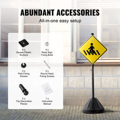 Portable Sign Post, 5 ft Cast Iron Sign Post Holder with Hard Plastic Base & Wheels, Movable Parking Sign Stand for No Parking Street Signs, Handicap Parking Sign, with Base, Bolts Nuts, Black