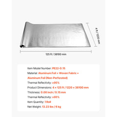 Double Reflective Insulation Roll, Non-Perforated Woven Fabric Radiant Barrier, 0.15mm 38.1m x 1.22m, Double-Sided Aluminum Foil Heat Reflective Shield, Thermal Insulation Roll for Window Roof