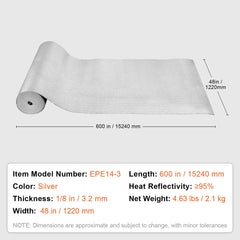 Double Reflective Insulation Roll, Foam Core Radiant Barrier, 3.2 mm 48 in x 50 ft, Double-Sided Aluminum Foil EPE Foam Heat Reflective Shield, Thermal Insulation Roll for Window RV Roof