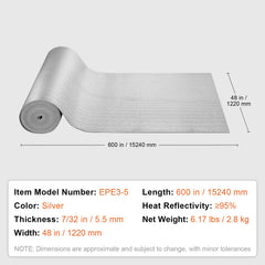 Double Reflective Insulation Roll, Foam Core Radiant Barrier, 5.5mm 48 in x 50 ft, Double-Sided Aluminum Foil EPE Foam Heat Reflective Shield, Thermal Insulation Roll for Window RV Roof