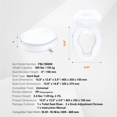 Raised Toilet Seat, 100 mm Height Raised, 136 kg Weight Capacity, Universal Toilet Seat Riser, Screw Rod Locking, with Toilet Seat, for Elderly, Handicap, Patient, Pregnant, Medical