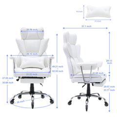 Reclining Office Chair with Footrest, Heavy Duty PU Leather Wide Office Chair, Big and Tall Executive Office Chairs with Lumbar Support, Strong Metal Base Quiet Wheels, White