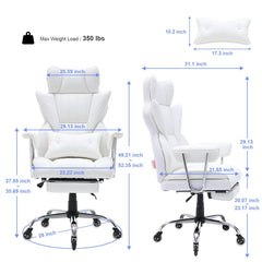 Reclining Office Chair with Footrest, Heavy Duty PU Leather Wide Office Chair, Big and Tall Executive Office Chairs with Lumbar Support, Strong Metal Base Quiet Wheels, White
