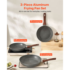 Frying Pan Skillet, Aluminum Egg Fry Pans, 3 Piece Set (250, 280, 325 mm), Nonsitck Heavy-Duty Skillets with Heat-Resistant Handle, Chef's Kitchen Cookware, for Gas, Electric, Induction, Grey