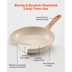 Frying Pan Skillet, Aluminum Egg Fry Pans, 3 Pcs (200, 240, 280 mm), Nonsitck Ceramic Heavy-Duty Skillets with Heat-Resistant Handle, Chef's Kitchen Cookware for Gas, Electric, Induction, Beige