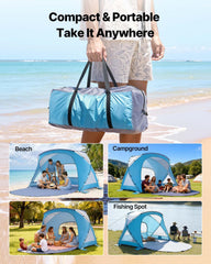 Beach Tent Sun Shelter for 6 Person, UPF 50+ Protection, Portable Sun Shade Canopy with Carrying Bag & Sand Pockets, Lightweight and Easy Setup Beach Umbrella for Family Camping Outdoor Picnic