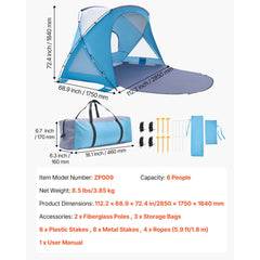 Beach Tent Sun Shelter for 6 Person, UPF 50+ Protection, Portable Sun Shade Canopy with Carrying Bag & Sand Pockets, Lightweight and Easy Setup Beach Umbrella for Family Camping Outdoor Picnic