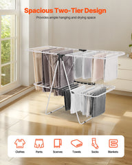 2-Tier Foldable Clothes Drying Rack with Sock Clips & 31 Drying Rods White