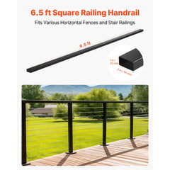 198 cm Stainless Steel Handrail, Rectangular Top Stair Deck Hand Rail for Outdoor/Indoor Steps with End Cap,Matte Black Coating Adjustable Metal Stair Rail for Cable Railing Kit