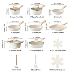 19 Piece Pots and Pans Set Nonstick, Granite Cookware Set, Induction Cookwares, Kitchen RV Cooking Sets with Frying, Sauce, Saute, Tempered Glass Lids, and Pan Protectors, White