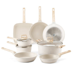 19 Piece Pots and Pans Set Nonstick, Granite Cookware Set, Induction Cookwares, Kitchen RV Cooking Sets with Frying, Sauce, Saute, Tempered Glass Lids, and Pan Protectors, White