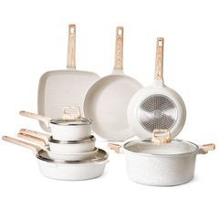 19 Piece Pots and Pans Set Nonstick, Granite Cookware Set, Induction Cookwares, Kitchen RV Cooking Sets with Frying, Sauce, Saute, Tempered Glass Lids, and Pan Protectors, White