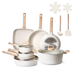19 Piece Pots and Pans Set Nonstick, Granite Cookware Set, Induction Cookwares, Kitchen RV Cooking Sets with Frying, Sauce, Saute, Tempered Glass Lids, and Pan Protectors, White