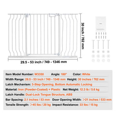Baby Gate, 749-1346 mm Extra Wide, 762 mm High, Dog Gate for Stairs Doorways and House, Easy Step Walk Thru Auto Close Child Gate Pet Security Gate with Pressure Mount and Wall Mount Kit, White