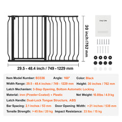 Baby Gate, 749-1229 mm Extra Wide, 762 mm High, Dog Gate for Stairs Doorways and House, Easy Step Walk Thru Auto Close Child Gate Pet Security Gate with Pressure Mount and Wall Mount Kit, Black