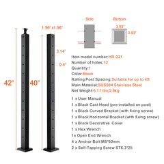 Cable Railing Post Level Deck Stair Post 42 x 1.97 x 1.97" Cable Handrail Post Stainless Steel Brushed Finishing Deck Railing Pre-Drilled Pickets with Mounting Bracket Stair Railing Kit Black 106.7*5*5cm