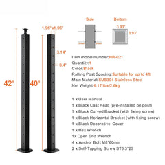 Cable Railing Post Level Deck Stair Post 42 x 1.97 x 1.97" Cable Handrail Post Stainless Steel Brushed Finishing Deck Railing Pre-Drilled Pickets with Mounting Bracket Stair Railing Kit Black 106.7*5*5cm