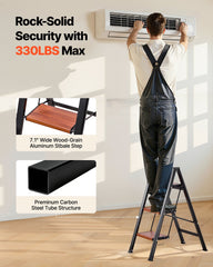 3 Step Ladder, Folding Step Stool with Wide Anti-Slip Pedal and Comfort Handgrip, Lightweight 150 kg Capacity Portable Aluminum Plant Support, Multi-Use for Adults, Home Repairing, Cleaning