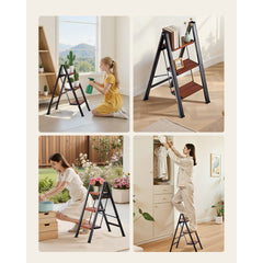 3 Step Ladder, Folding Step Stool with Wide Anti-Slip Pedal and Comfort Handgrip, Lightweight 150 kg Capacity Portable Aluminum Plant Support, Multi-Use for Adults, Home Repairing, Cleaning