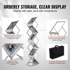Literature Rack, 6 Pockets, Pop up Aluminum Magazine Rack, Lightweight Catalog Holder Stand w/Carrying Bag for Living Room, Hotel, Trade Show, Exhibition, Office