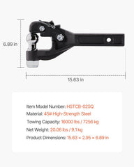 Pintle Hook, 7256 kg Capacity, Pintle Hook Hitch for 50.4 mm Hitch Hook Military Receiver, Combination 50.4 mm Hitch Ball, Fits 63.5 to 76.2 mm Lunette Ring, 397 mm Length, Black Powder Coat