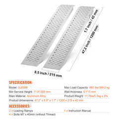 Portable Loading Ramps, 2 Pcs 1200 x 215 mm, Durable Aluminum Shed Ramp Set with Anti-Slip Holes, Compact Design and Easy Storage, 399.2 kg Weight Capacity, for ATV, Tractors, Lawn Mowers, Carts
