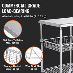 Kitchen Utility Cart, 3 Tiers, Wire Rolling Cart with 213kg Capacity, Steel Service Cart on Wheels, Metal Storage Trolley with 76mm Basket Curved Handle PP Liner 6 Hooks, for Indoor and Outdoor