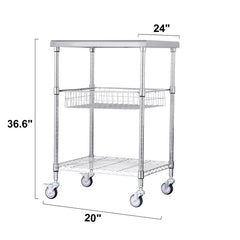 Kitchen Utility Cart, 3 Tiers, Wire Rolling Cart with 213kg Capacity, Steel Service Cart on Wheels, Metal Storage Trolley with 76mm Basket Curved Handle PP Liner 6 Hooks, for Indoor and Outdoor