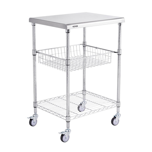 Kitchen Utility Cart, 3 Tiers, Wire Rolling Cart with 213kg Capacity, Steel Service Cart on Wheels, Metal Storage Trolley with 76mm Basket Curved Handle PP Liner 6 Hooks, for Indoor and Outdoor