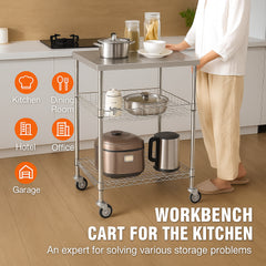 Kitchen Utility Cart, 3 Tiers, Wire Rolling Cart with 213kg Capacity, Steel Service Cart on Wheels, Metal Storage Trolley with 76mm Basket Curved Handle PP Liner 6 Hooks, for Indoor and Outdoor