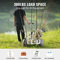 Beach Fishing Cart, 136 kg Load Capacity, Fish and Marine Cart with Two 330 mm Big Wheels PU Balloon Tires for Sand, Heavy-Duty Aluminum Pier Wagon Trolley with 8 Rod Holders for Fishing, Picnic