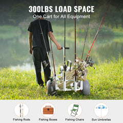 Beach Fishing Cart, 136 kg Load Capacity, Fish and Marine Cart with Two 330 mm Big Wheels PU Balloon Tires for Sand, Heavy-Duty Aluminum Pier Wagon Trolley with 8 Rod Holders for Fishing, Picnic