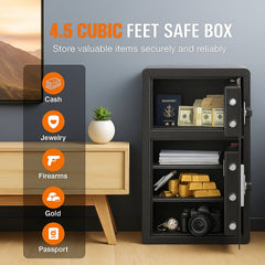Double Doors 4.5 cu.ft Safe Box with Key Lock & Password, Safe Lock Box with Fireproof Bag, Key Rack, LED Light and 2 Height Adjustable and Removable Divider for Money, Documents and Valuables