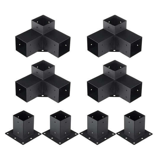 Pergola Bracket Kit 4''x4''(inner 3.6''x3.6''), 8pcs (4pcs 3-Way,4pcs Base) Heavy Duty Corner Bracket Woodworks DIY Post Base Kit, Wooden Beams for Gazebos, Patio Pergolas, Log Cabin Outdoor