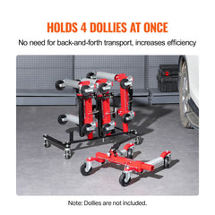 Car Dolly Rack, Storage Rack with 360° Rotatable Wheels, Hydraulic Ratchet Trolley Jack Stand Organizer, Jack Stands Holder Storage Rack, 4-Dolly Capacity, Compatible with Most Dollies