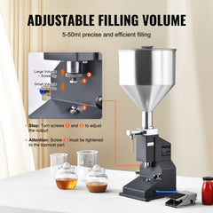 Pneumatic Paste Liquid Filling Machine, 5-50ml Bottle Filler, Bottle Filling Machine, Stainless Steel Liquid Filler with Pedal for Milk Water Juice Essential Oil Shampoo Cosmetic Honey Lotion