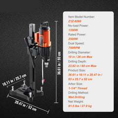 Diamond Core Drilling Machine, 10in Wet Concrete Core Drill Rig with Stand Wheels, 750RPM Speed & 1-1/4" Thread & Lifting Handle, 10in Drilling Diameter for Concrete Brick Block Stone, 2500W
