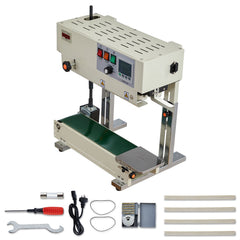 Continuous Bag Band Sealing Machine, 6-12 mm Seal Width, Vertical Band Sealer Machine with Roller Printing , Temp & Speed Adjustable, Commercial Heat Sealer Machine for 0.03-0.8 mm Plastic Bags