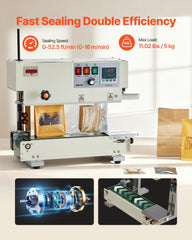 Continuous Bag Band Sealing Machine, 6-12 mm Seal Width, Vertical Band Sealer Machine with Roller Printing , Temp & Speed Adjustable, Commercial Heat Sealer Machine for 0.03-0.8 mm Plastic Bags