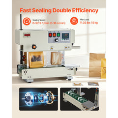 Continuous Bag Band Sealing Machine, 6-12 mm Seal Width, Vertical Band Sealer Machine with Roller Printing , Temp & Speed Adjustable, Commercial Heat Sealer Machine for 0.03-0.8 mm Plastic Bags