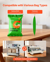 Continuous Bag Band Sealing Machine, 6-12 mm Seal Width, Vertical Band Sealer Machine with Roller Printing , Temp & Speed Adjustable, Commercial Heat Sealer Machine for 0.03-0.8 mm Plastic Bags