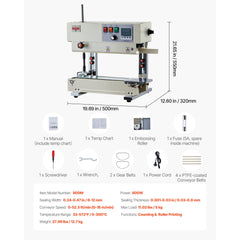 Continuous Bag Band Sealing Machine, 6-12 mm Seal Width, Vertical Band Sealer Machine with Roller Printing , Temp & Speed Adjustable, Commercial Heat Sealer Machine for 0.03-0.8 mm Plastic Bags
