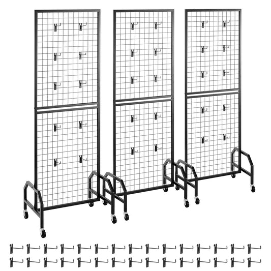 3 Packs Grid Wall Panels, 600 x 1640mm Wire Grid Panels Display Rack, Movable Art Display Shelf with Wheels and 30 Hooks, Black Carbon Steel Gridwall for Craft Show, Decor, Storage, Notice Board