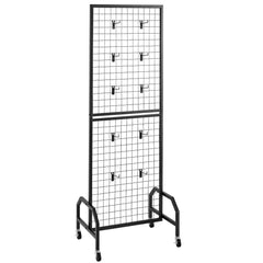 Grid Wall Panel, 600 x 1640 mm Wire Grid Panels Display Rack, Movable Art Display Shelf with Wheels and 10 Hooks, Black Carbon Steel Gridwall for Craft Show, Decoration, Storage, Notice Board