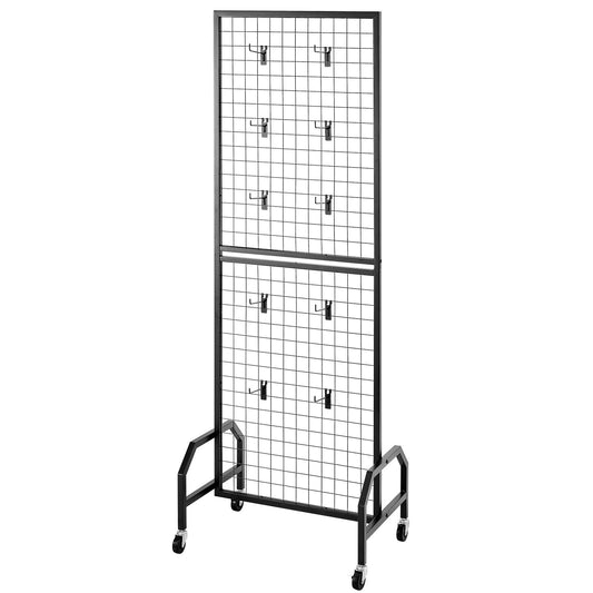 VEVOR Grid Wall Panel, 600 x 1640 mm Wire Grid Panels Display Rack, Movable Art Display Shelf with Wheels and 10 Hooks, Black Carbon Steel Gridwall for Craft Show, Decoration, Storage, Notice Board