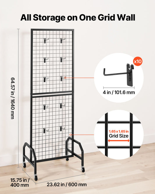 VEVOR Grid Wall Panel, 600 x 1640 mm Wire Grid Panels Display Rack, Movable Art Display Shelf with Wheels and 10 Hooks, Black Carbon Steel Gridwall for Craft Show, Decoration, Storage, Notice Board